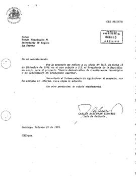 Carta de Carlos Bascuñán Edwards, Jefe de Gabinete Presidencial, dirigida al Intendente de la IV Región, Señor Renán Fuentealba M.