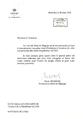 Saludos del presidente del Senado Belga al presidente Patricio Aylwin
