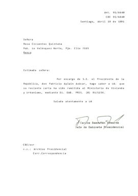 Carta remitida al Ministerio de Vivienda y Urbanismo