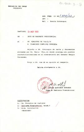 [Carta de Jefe de Gabinete a Ministro de Justicia remitiendo carta Mario Páez sobre posible inconstitucionalidad de nombramiento de Senador]