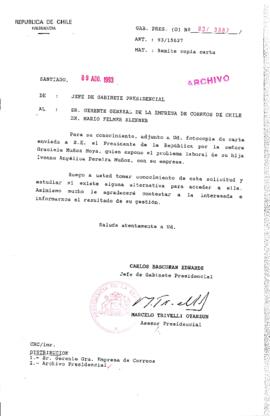 [Oficio  Gab. Pres. Ord. N° 3987 de Jefe de Gabinete Presidencial, remite copia de carta que se indica]