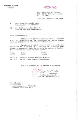 [Oficio Gab. Pres. Ord. N° 3847 de  Jefe de Gabinete Presidencial, remite copia de carta que se indica]
