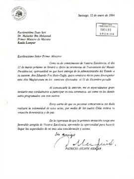 Carta del Presidente Patricio Aylwin Azócar, dirigida al Excelentísimo Dato Seri, Dr. Mahathir Bin Mohamad, Primer Ministro de Malasia