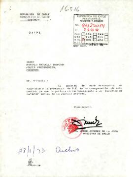 Carta desde el Ministerio de Salud, de su Ministro, sr. Jorge Jiménez de la Jara, dirigida al sr. Marcelo Trivelli Oyarzún, Asesor Presidencial