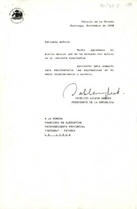 [Carta de Presidente Aylwin dirigida a Francisca Elissetche Vicepresidenta Integra Petorca en respuesta por saludo de cumpleaños]