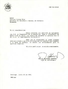 Carta de Carlos Bascuñán Edwards, Jefe de Gabinete Presidencial, a Enrique Correa Ríos, Ministro Secretario General de Gobierno, sobre solicitud de audiencia del Radio Club de Chile