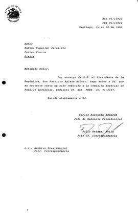 [Carta de respuesta por remisión de correspondencia enviada al Presidente, redirigiéndola  a la Comisión Especial de Pueblos Indígenas ]