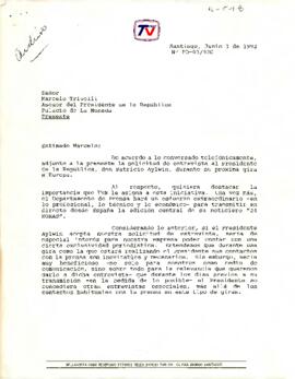Carta del Presidente del Directorio de Televisión Nacional de Chile, Sr. Jorge Donoso Pacheco dirigida al Asesor del Presidente de la República, sr. Marcelo Trivelli