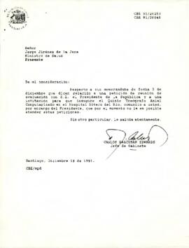 Carta de Carlos Bascuñán Edwards, Jefe de Gabinete Presidencial, a Jorge Jiménez de la Jara, Ministro de Salud, sobre solicitud de reunión e invitación a inauguración de tomógrafo en Hospital Sótero del Río