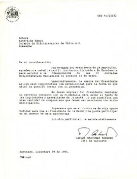 Carta de Carlos Bascuñán Edwards, Jefe de Gabinete Presidencial, a Esmeralda Ramos, Colegio de Bibliotecarias de Chile A.G., sobre invitación al Presidente de la República a Jornadas Bibliotecarias Nacionales