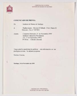 Comunicado de Prensa desde el Instituto de Música dirigido a Pauline Kantor, de Revista El Sábado, de El Mercurio