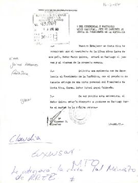 Carta del Director del Ceremonial y Protocolo del Ministerio de RR.EE, sr. C. Klammer B., dirigida al Señor Carlos Bascuñán, Jefe de Gabinete de su Excelencia el Presidente de la República con referencia a una carta enviada desde Costa Rica al Presidente Patricio Aylwin A.