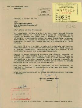 Carta del Abogado sr. José Luis Sotomayor López, dirigida al sr. Carlos Bascuñán Edwards, Jefe de Gabinete Presidencial