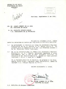 Carta desde el Ministerio de Salud, del Ministro, sr. Jorge Jiménez de la Jara, dirigida al sr. Patricio Aylwin Azócar, S.E. Presidente de la República