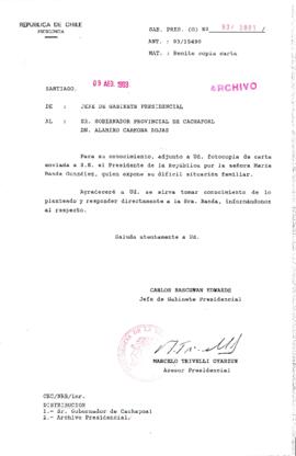 [Oficio  Gab. Pres. Ord. N° 3991 de Jefe de Gabinete Presidencial, remite copia de carta que se indica]