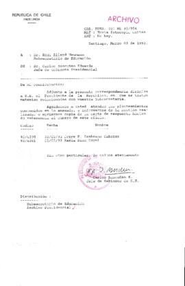 [Oficio  Gab. Pres. Ord. N° 0956 de Jefe de Gabinete Presidencial, remite copia de carta que se indica]