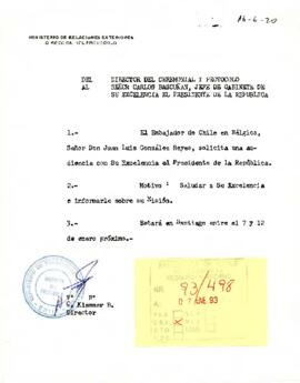 Carta del Director del Ceremonial y Protocolo del Ministerio de RR.EE. sr. C. Klammer B., dirigida al Señor Carlos Bascuñán, Jefe de Gabinete de su Excelencia el Presidente de la República, con referencia al Embajador de Chile en Bélgica