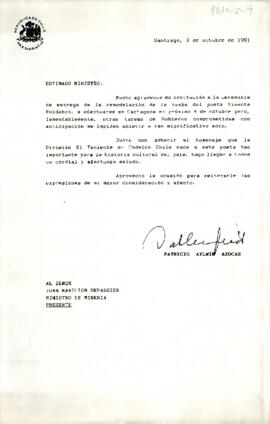 [Carta del Presidente Patricio Aylwin al Ministro de Minería, Juan Hamilton]