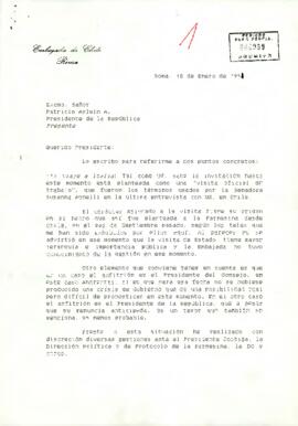 Carta desde la Embajada de Chile en Roma, del embajador, sr. Raúl Troncoso Castillo, dirigida al Excmo. Señor Patricio Aylwin A., Presidente de la República