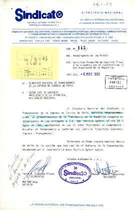 [Carta de Sindicato Nacional de Trabajadores de la Empresa de Correos de Chile].