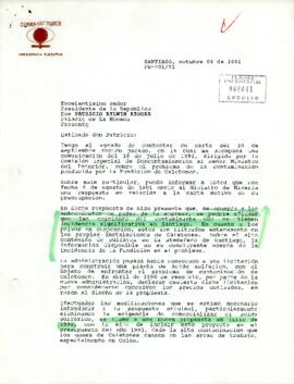 Carta PE-701/91 Desde la Corporación Nacional del Cobre CODELCO, de su presidente ejecutivo, sr. Alejandro Noemí C., dirigida al Excelentísimo Señor Presidente de la República Don Patricio Aylwin Azócar