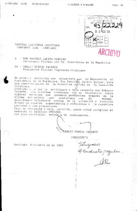 [Carta del Presidente del Partido Izquierda Cristiana, quien solicita una entrevista con el Presidente]