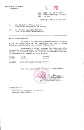 [Oficio  Gab. Pres. Ord. N° 2160 de Jefe de Gabinete Presidencial, remite copia de carta que se indica]