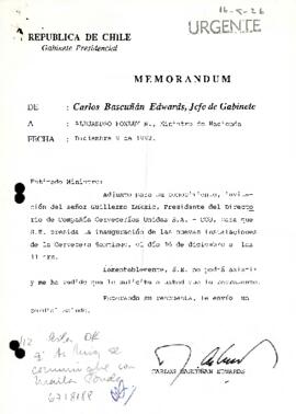 Memorándum de parte del Jefe Gabinete de la Presidencia, sr. Carlos Bascuñán Edwards dirigido al Ministro de Hacienda, sr. Alejandro Foxley R.