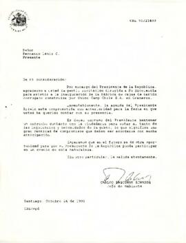 Carta de Carlos Bascuñán Edwards, Jefe de Gabinete Presidencial, a Fernando Léniz C., sobre invitación al Presidente de la República a inauguración de fábrica de cajas de cartón corrugado de Unión Camp Chile S.A. en Graneros