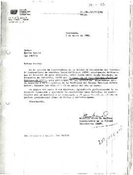 Carta dirigida a Amelia Huerta de parte de la Coordinadora de la Unidad de Secretaría del IGESP (en representación del Director, Elián Darío Acuña Escobedo), en respuesta a la invitación hecha por Patricio Aylwin Azócar para asistir a su ceremonia de asunción presidencial