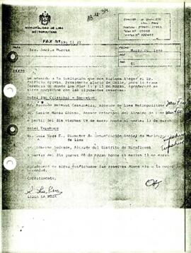 Fax desde la Municipalidad de Lima Metropolitana, de la sra. Lidia La Rosa, dirigida a la sra. Amelia Huerta