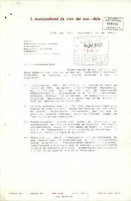 Carta desde la I. Municipalidad de Viña del Mar, de su alcalde, sr. Víctor Henríquez Garat, dirigida al Señor Patricio Aylwin Azócar Presidente República de Chile