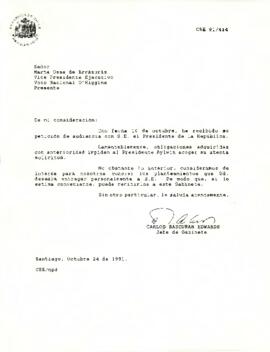 Carta de Carlos Bascuñán Edwards, Jefe de Gabinete Presidencial, a Marta Ossa de Errázuriz, Vice Presidenta Ejecutiva del Voto Nacional O’Higgins, sobre solicitud de audiencia con el Presidente de la República