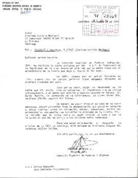 [Carta de respuesta de abogado de la Comisión Especial de Pueblos Indígenas dirigida a particular, referente a solicitud enviada al Presidente Patricio Aylwin]