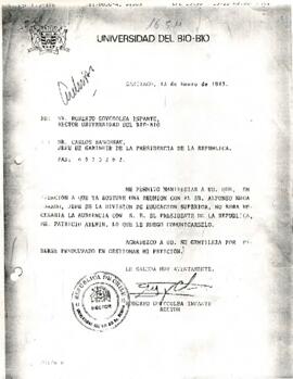 Carta del Rector de la Universidad del Bío Bío, sr. Roberto Goycoolea Infante, dirigida al Jefe de Gabinete de la Presidencia de la República, sr. Carlos Bascuñán