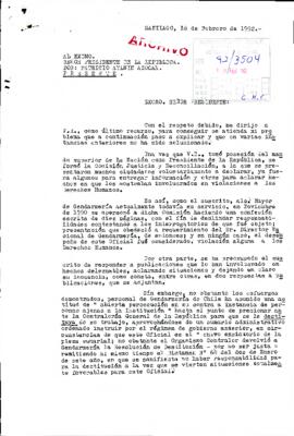 [Carta del Alcalde Mayor de Gendarmería dirigida al Presidente Patricio Aylwin, referente a declaraciones ante la Comisión de  Verdad y Reconciliación]