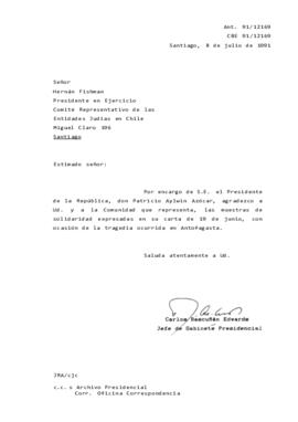 Carta de agradecimiento a la Comunidad que representa, las muestras de solidaridad expresadas en su carta de 19 de junio, con ocasión de la tragedia ocurrida en Antofagasta.