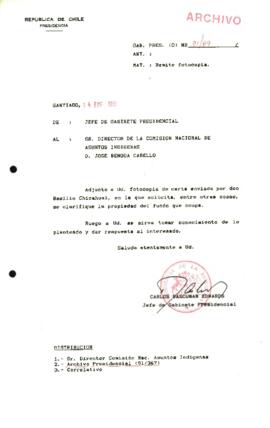 Remite carta de don Basilio Chicahual, solicitud de clarificar fundo