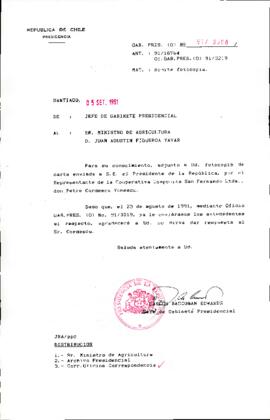 [Se remite a Ministro de agricultura carta enviada por Cooperativa Campesina San Fernando Ltda.]