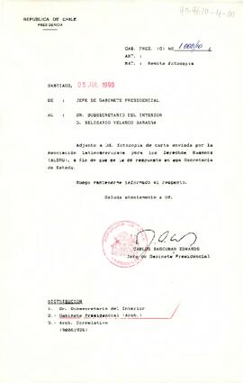 [Carta de Jefe de Gabinete a Belisario Velasco Subsecretario del Interior  remitiendo carta de Asoc. Latinoamericana para los Derechos Humanos]