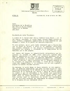 Carta N°591.91 desde la Universidad Técnica Federico Santa María, de su Rector, sr. Gustavo Chiang Acosta, dirigida al Señor Presidente de la República Don Patricio Aylwin Azócar