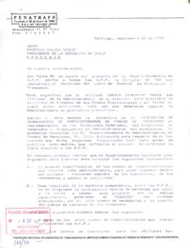 [Carta recibida de la Federación Nacional de Sindicatos de Trabajadores de A.F.P. dirigida al Presidente Patricio Aylwin, referente a Circular N° 782 que restablece mecanismo del Libro de Control de Afiliación y Traspasos]