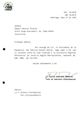 Carta remitida a la Secretaria Regional Hinisterial de Justicia Región Metropolitana