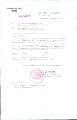 [Carta de Jefe de Gabinete de la Presidencia al Subsecretario de Previsión Social]