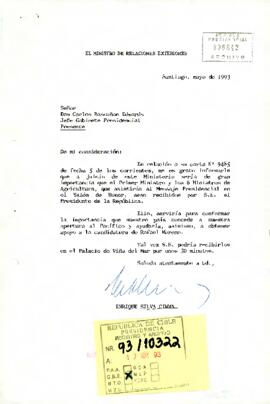 Carta del Ministro de Relaciones Exteriores de Chile, sr. Enrique Silva Cimma, dirigida al Señor Don Carlos Bascuñán Edwards, Jefe Gabinete Presidencial