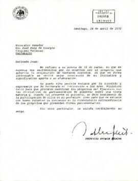 Carta enviada por el Presidente Patricio Aylwin al senador José Ruiz de Giorgio para ofrecer disculpas por no haber sido reconocido su aporte en un proyecto relacionado con la enajenación de terrenos costeros
