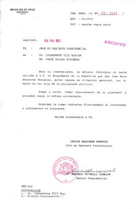 [Oficio del Gabinete Presidencial dirigido al Intendente de la VIII Región, referente a solicitud ciudadana]