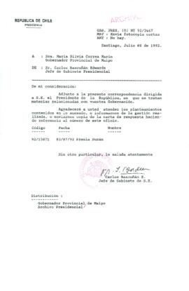 [Carta del Jefe de Gabinete de la Presidencia a Gobernadora Provincial de Maipo]