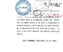 [Carta de agradecimientos del Alcalde de la I. Municipalidad de Juan Fernández]