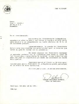 Carta de Carlos Bascuñán Edwards, Jefe de Gabinete Presidencial, a John D. Crowell, Director Gerente de 3M Chile S.A., sobre invitación al Presidente de la República para asistir a la inauguración del nuevo edificio de 3M